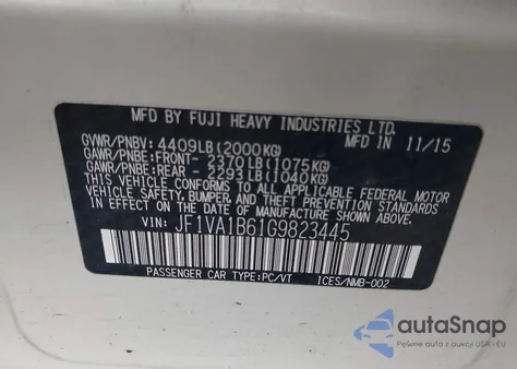 2016 Subaru Wrx z USA, uszkodzony, nr VIN JF1VA1B61G9823445